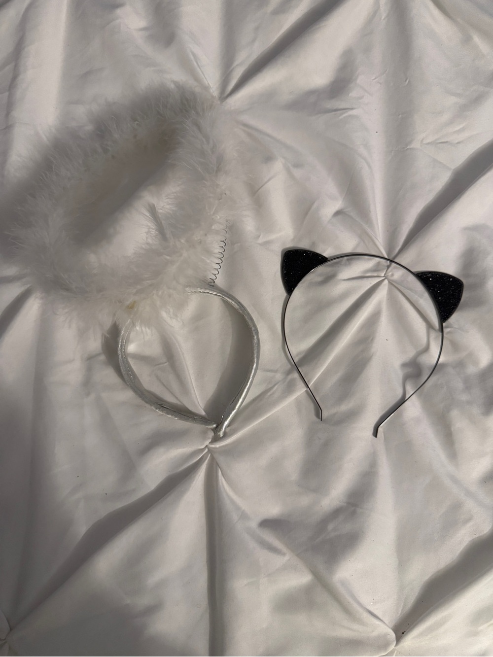 White Feather Angel Halo & Black Glitter Cat Ear Headband Set Halloween Costume
